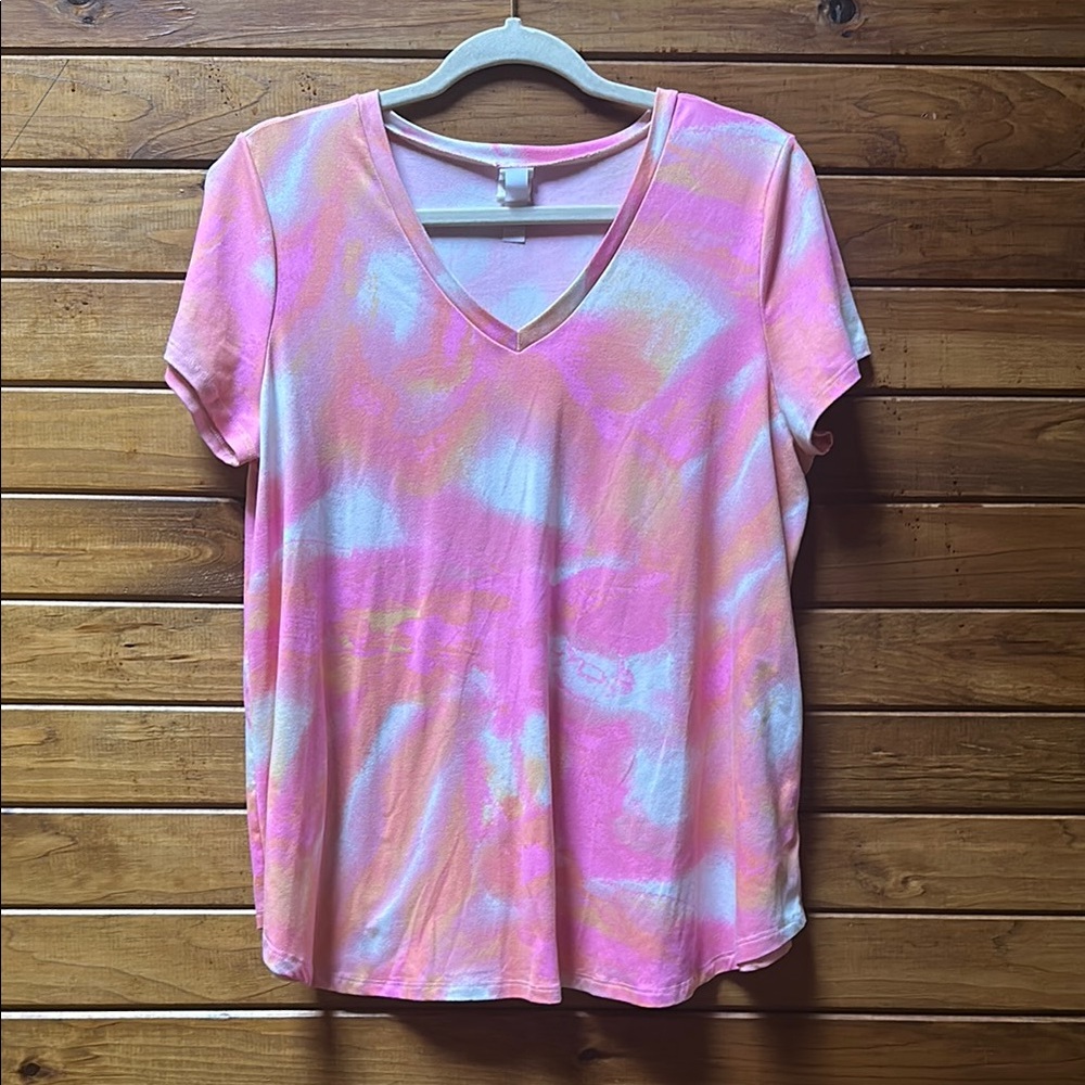 HoneyMe - Pink, Orange, and White Patterned V-Neck Women's Top - L